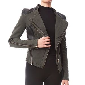 Comme olive green faux leather trim zipper details